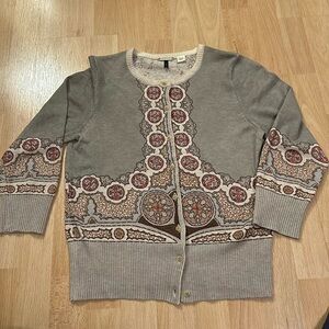 Language Vintage Jewel Button Floral Motif Wool Cardigan L